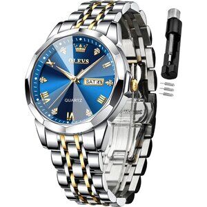 Men Silver Analog Quartz Stainless Steel Waterproof Luminous Date Two Tone Watch